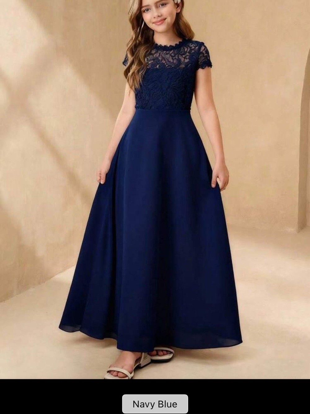 Navy Blue Lace Bodice A-Line Girls' Dress